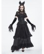 Devil Fashion Black Gothic Retro Velvet Rose Beaded Lace-Up Long Gloves for Women