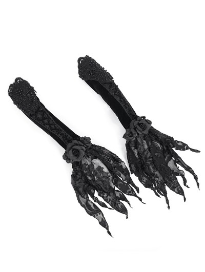 Devil Fashion Black Gothic Retro Velvet Rose Beaded Lace-Up Long Gloves for Women