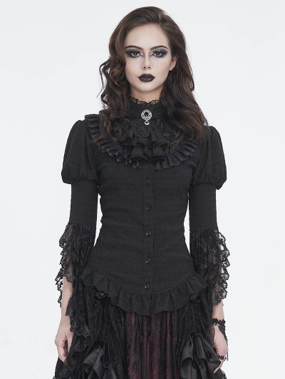 Devil Fashion Black Gothic Vintage Trumpet Lace Sleeve Jabot Ruffle Blouse for Women