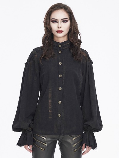 Devil Fashion Black Vintage Gothic Lantern Sleeve Button Front Shirt for Women