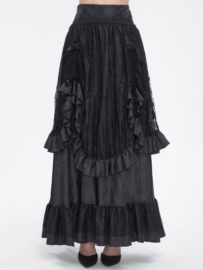 Devil Fashion Black Gothic Gorgeous Tiered Lace Ruffle Trim Maxi Party Skirt