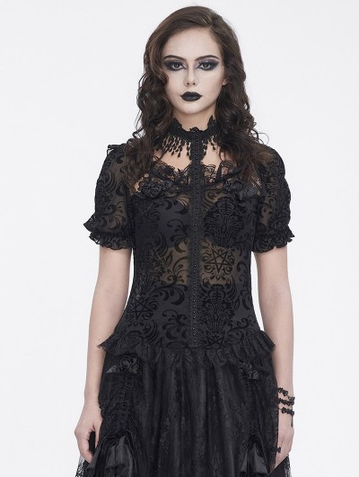 Devil Fashion Black Pattern Sexy Mesh Gothic Short Puff Sleeve Top for Women