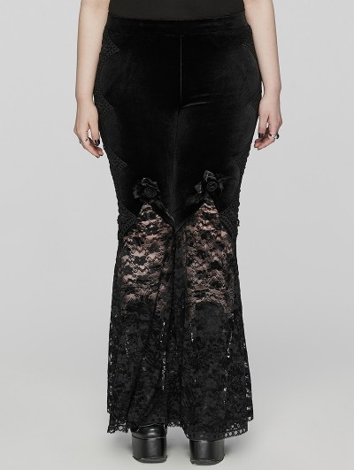 Punk Rave Black Gothic Velvet and Lace Feather Flower Flared Plus Size Pants for Women