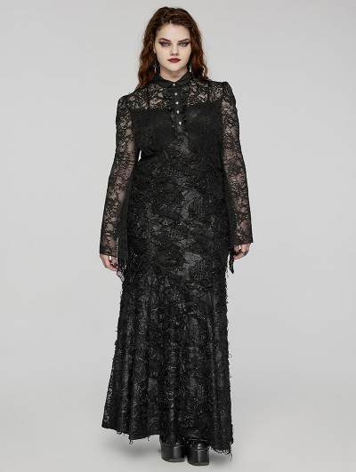 Punk Rave Black Gothic Decadent Vintage Lace Long Sleeve Maxi Plus Size Dress