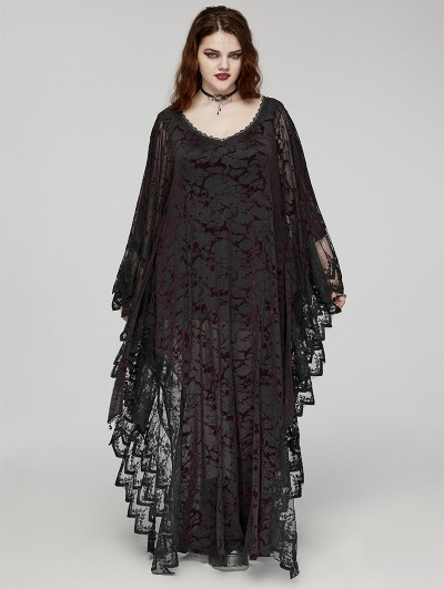 Punk Rave Black and Red Gothic Lace V-Neck Bat Silhouette Loose Plus Size Long Dress