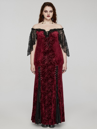 Punk Rave Black and Red Gothic Romantic Off-Shoulder Embossed Velvet Plus Size Long Dress