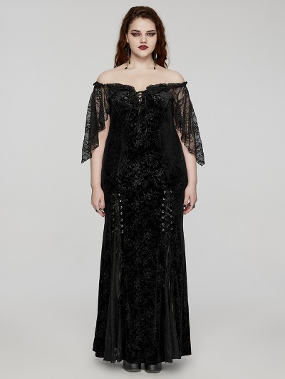 Punk Rave Black Gothic Romantic Off-Shoulder Embossed Velvet Plus Size Long Dress
