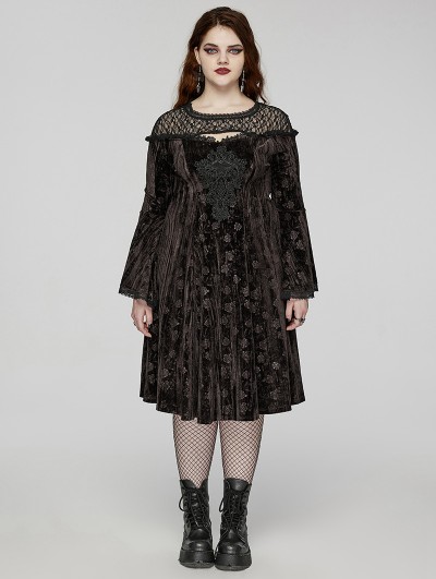 Punk Rave Black Gothic Retro Dark Night Rose Velvet Plus Size Mid-Length Dress