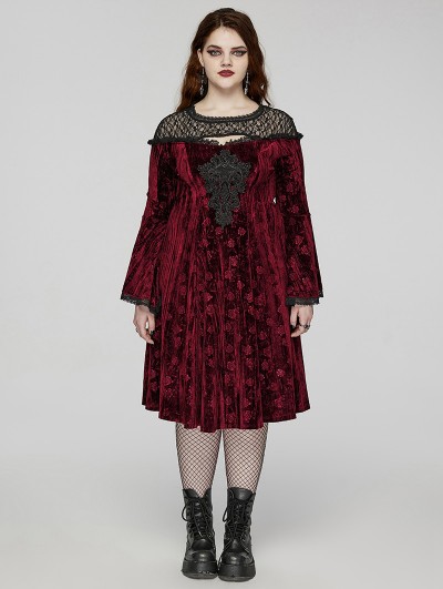 Punk Rave Black and Red Gothic Retro Dark Night Rose Velvet Plus Size Mid-Length Dress