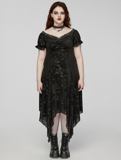 Punk Rave Black Gothic Dark Rose Velvet Mesh Irregular Plus Size Dress