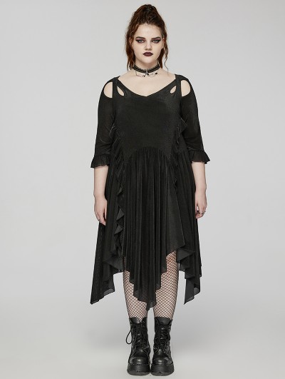 Punk Rave Black Gothic Mesh Irregular Ruffled Hollow Out Plus Size Dress