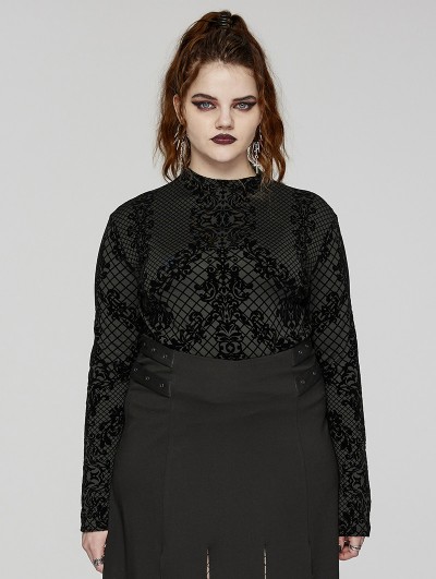 Punk Rave Black Gothic Flocking Knitted Long Sleeve Plus Size T-Shirt for Women