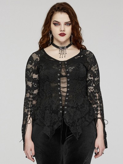 Punk Rave Black Gothic V-Neck Sexy Perspective Lace Plus Size Top for Women