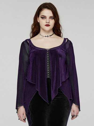 Punk Rave Purple Gothic Velvet Fake Two-Pieced Long Sleeve Plus Size Shirt for Women