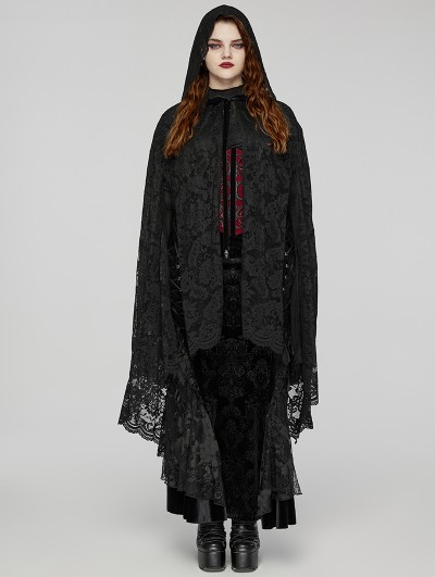 Punk Rave Black Gothic Dark Lace Hooded Plus Size Cloak for Women