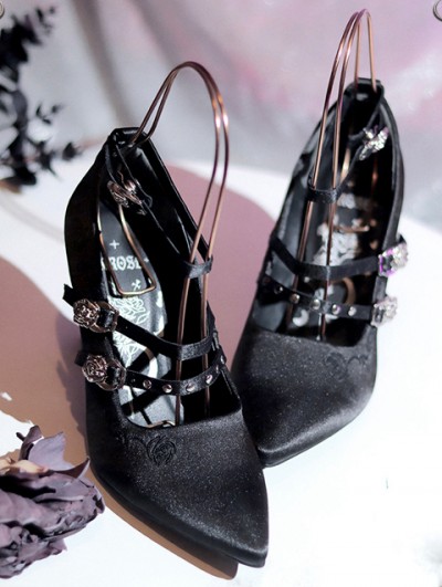 Black Gothic Pointed Rose Buckle Strap High Heel Shoes