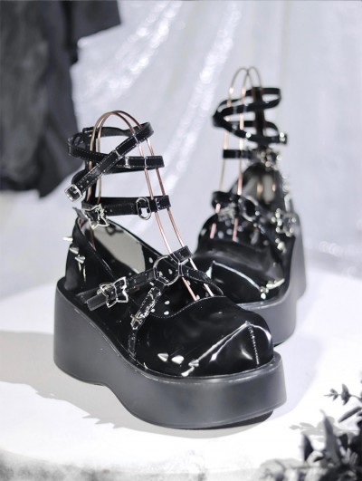 Black Gothic Punk Hollow Out Butterfly Buckle Platform Shoes