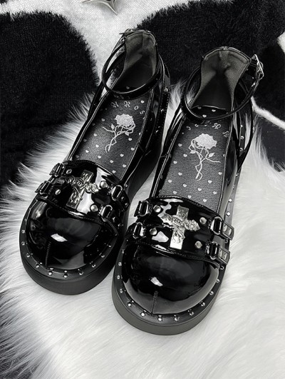 Black Gothic Punk Cross Embellished Platform Mary Jane Shoes