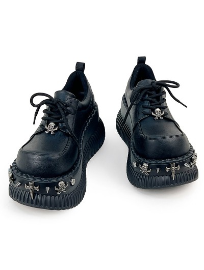 Black Gothic Punk Metal Hardware Lace-Up Rubber Sole Shoes
