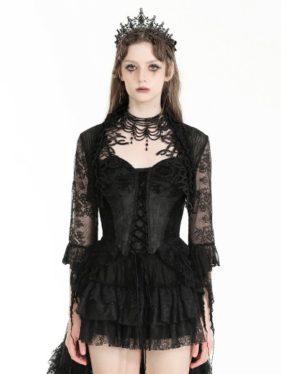 Dark in love Black Gothic Witchy Mysterious Embroidery Lace Short Cape for Women
