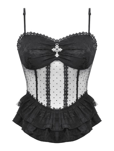 Dark in love Black Gothic Lace See-Through Sexy Spaghetti Strap Corset Top for Women