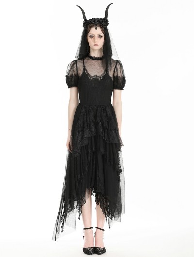 Dark in love Black Gothic Dark Night Elf Winged Hem Mesh Irregular Dress