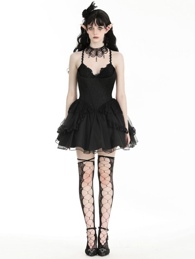 Dark in love Black Swan Gothic Tulle Lace Trim Tiered Short Dress