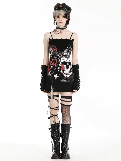 Dark in love Black Gothic Punk Rose Skull Side Drawstring Bodycon Mini Dress