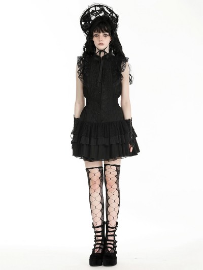 Dark in love Black Gothic Frilly Lace Flutter Sleeve Mini Shirt Dress