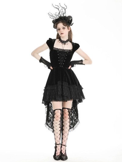 Dark in love Black Gothic Velvet Cap Sleeve Dark Swallowtail Princess High-Low Dress