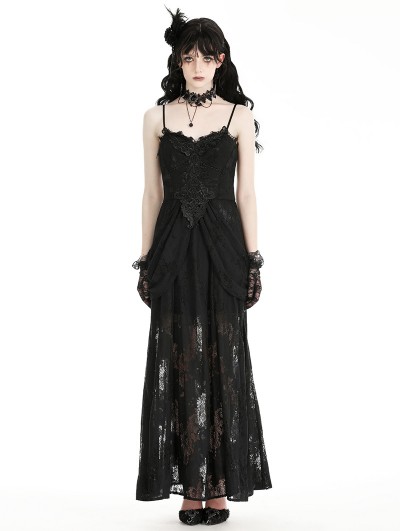 Dark in love Black Gothic Elegant Floral Lace Maxi Dress