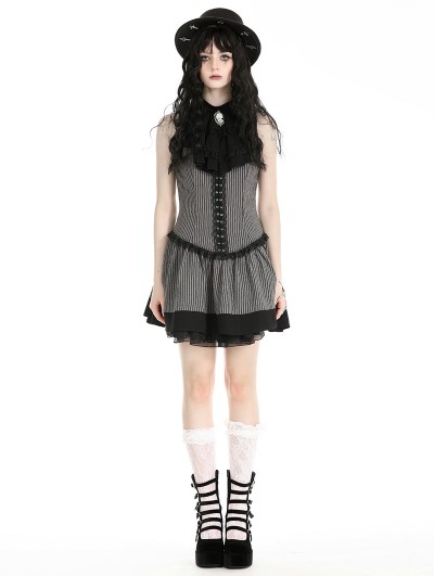 Dark in love Dark Gray Striped Gothic Preppy Style Sleeveless Short Dress
