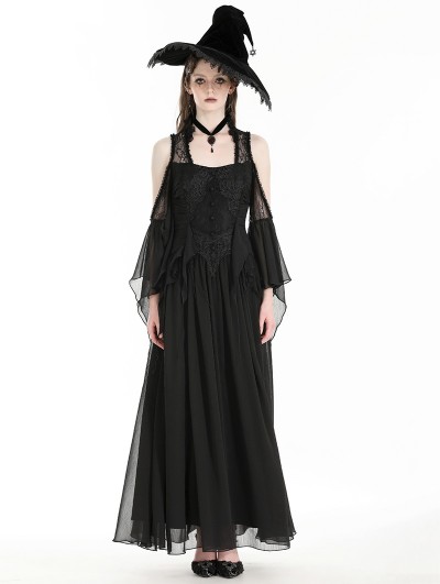 Dark in love Black Halloween Witch Gothic Off-the-Shoulder Chiffon Maxi Dress