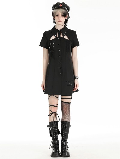 Dark in love Black Gothic Punk Studded Military Hollow Out Shirt Short Dress