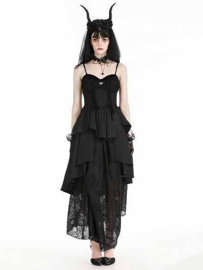 Dark in love Black Gothic Death Butterfly Embroidered Lace Layered Long Dress