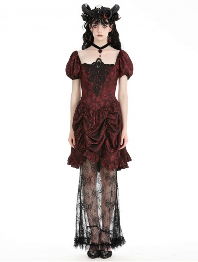 Dark in love Red Gothic Retro Court Lace Spliced Puff Sleeve Dress