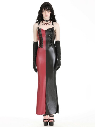 Dark in love Red and Black Contrast Magical Girl PU Leather Bodycon Maxi Dress