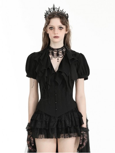 Black Gothic Chiffon Deep V-Neck Ruffles Shorrt Sleeve Blouse for Women