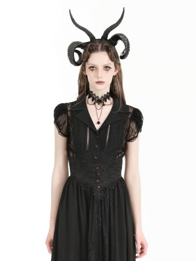 Black Gothic Sexy Lace Hollow Out Short Sleeve Blouse for Women