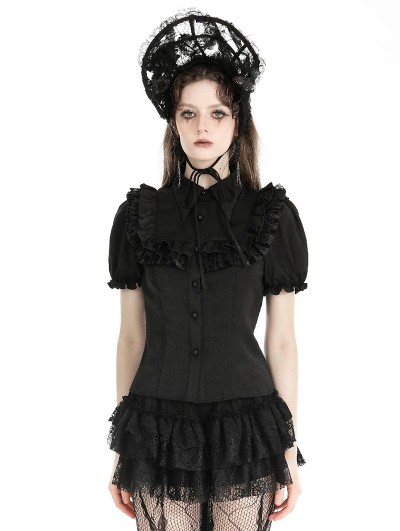 Black Gothic Dolly Ruffled Button Up Short Sleeve Blouse for Women