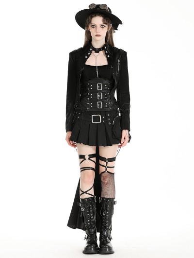 Black Dark Gothic Open Front Long Tail Jacket for Women