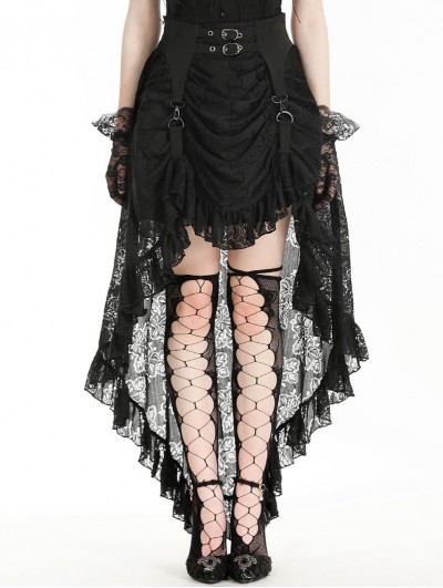 Black Gothic Retro Buckled Belt Floral Lace High-Low Skirt