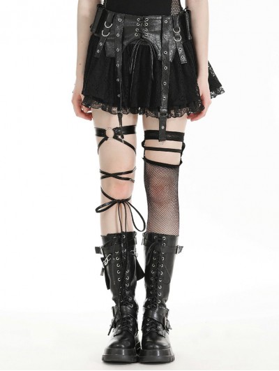 Black Gothic Punk Rock PU Leather Lace Mini Skirt