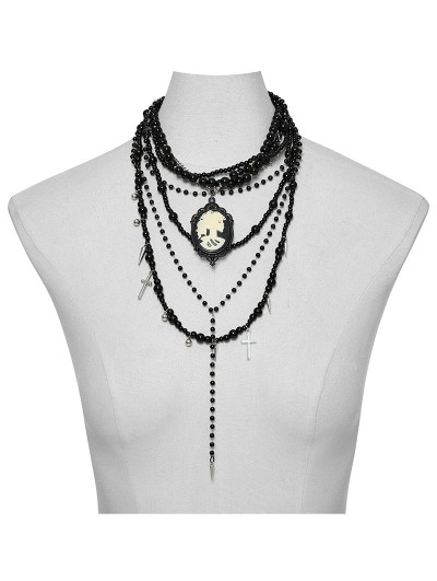 Punk Rave Black Gothic Cross Multi Layers Bead Chain Necklace