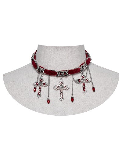 Punk Rave Red and Silver Gothic Gorgeous Cross Pendant Choker