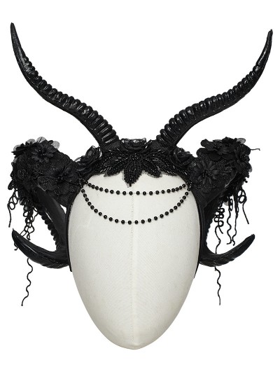 Punk Rave Black Gothic Dark Demon Horn Bead Flower Headwear