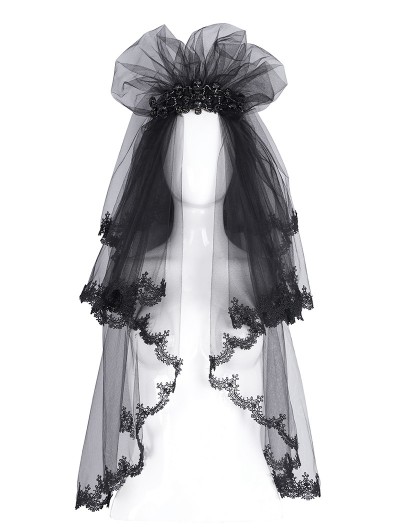 Devil Fashion Black Gothic Embroidered Lace Trim Mesh Bridal Veil