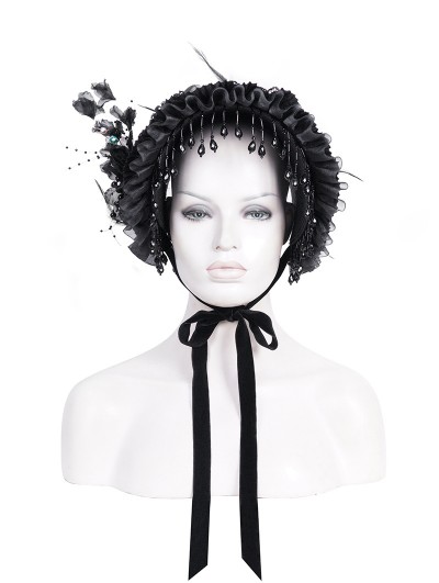 Devil Fashion Black Gothic Victorian Lace Frill Bead Tassel Bonnet Headband