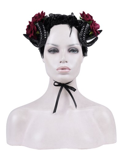 Devil Fashion Black and Red Gothic Mesh Flower Sheep Horn Headdress