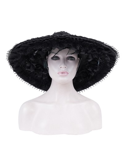 Devil Fashion Black Gothic Wide Brim Lace Trim Floppy Hat for Women